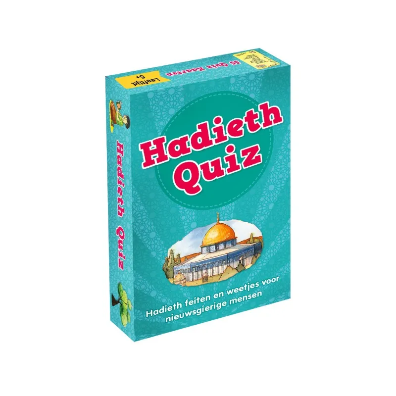 Hadith quiz kaarten doos met teal achtergrond en witte sneeuwvlokpatroon