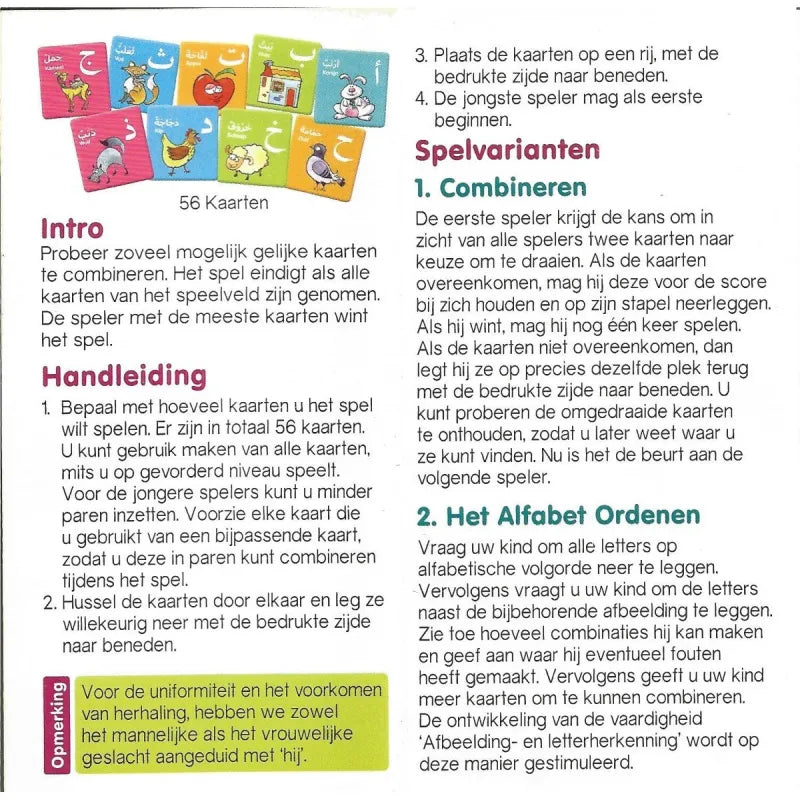Arabische memory spel met 56 educatieve kaarten, dieren en alfabet in felle kleuren