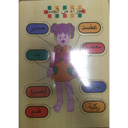 Wooden Arabische puzzel lichaam met cartoon meisje en gelabelde lichaamsdelen