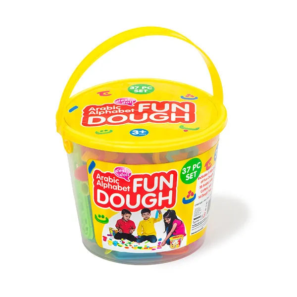 Geel emmer met Fun Dough klei voor Arabische letters en alfabet speelervaring