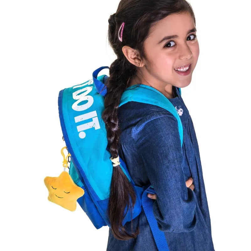 Blauwe ster rugzak met Do It slogan, gele sterren design, Dua Ster sleutelhanger