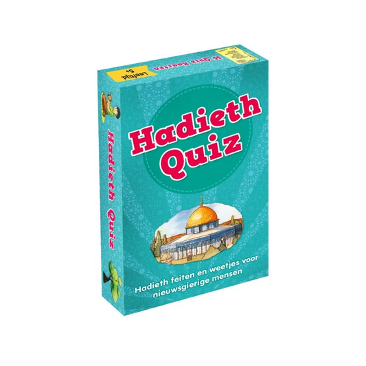 Hadith quiz kaarten doos met teal achtergrond en witte sneeuwvlokpatroon