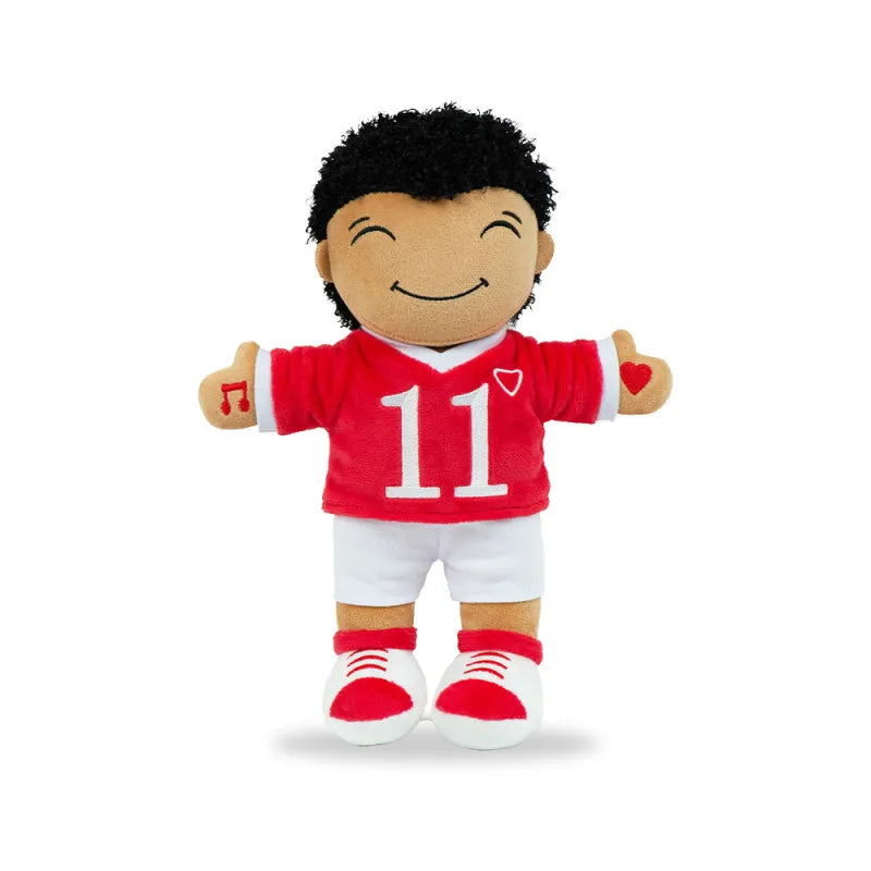 Plush doll Mohammed interactieve pop met rode jersey en handen drukt, kleine moslimvriend