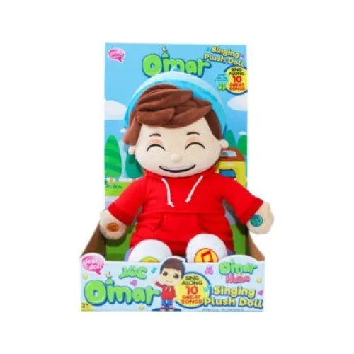 Rode hoodie Omar interactieve pop met bruin haar, glimlach en 10 liedjes zonder instrumenten