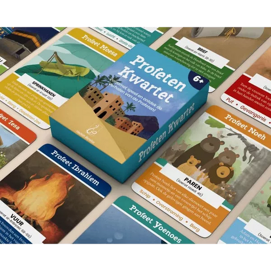 Boardgame box van Profeten Kwartet met spelkaarten eromheen