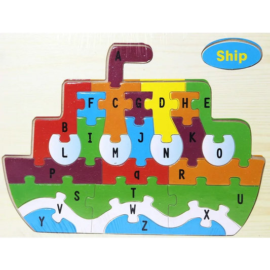 Houten bootvormige puzzel met Arabische letters en cijfers