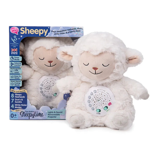 Witte plush lam met lichtgevende buik als multifunctionele slaaphulp voor baby’s