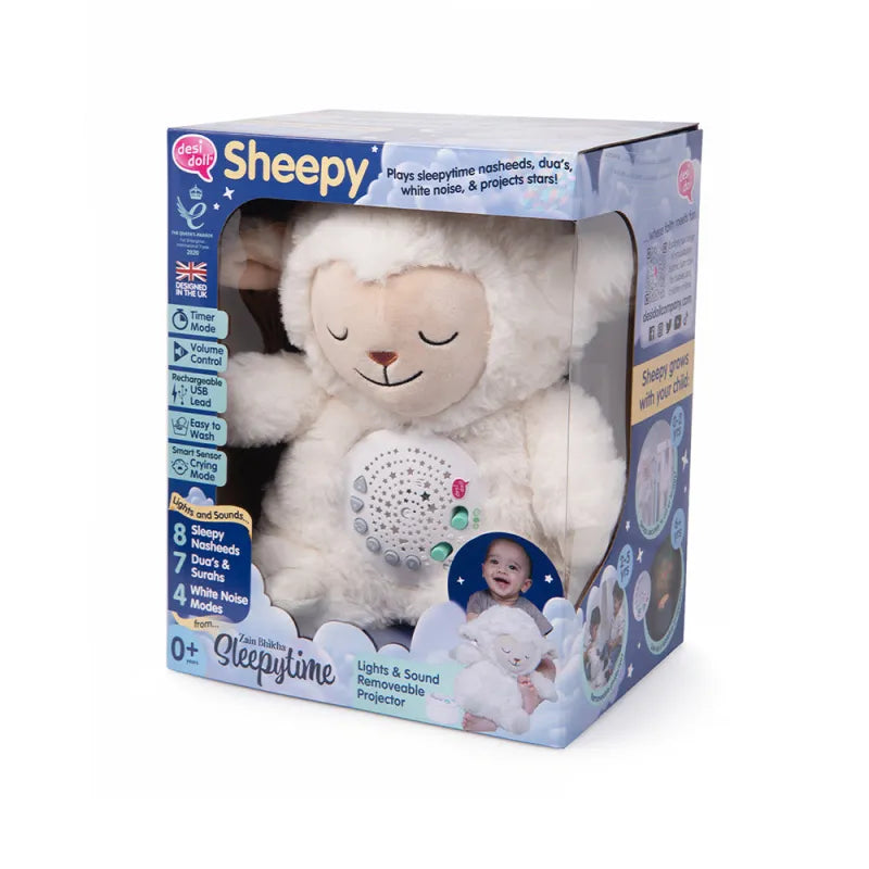 Witte plush lamb toy met geluid en licht projector voor baby’s, ontdek Sheepy als multifunctionele slaaphulp