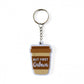 Bruine koffiekop sleutelhanger -but first qahwa met wit tekst en zilveren ketting