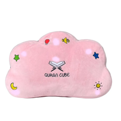 Roze wolkvormig kussen met geborduurde religieuze iconen en het QURAN voor cube dua pillow