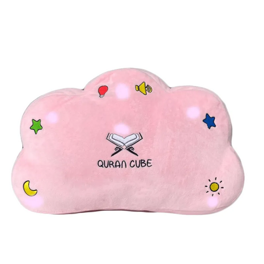 Roze wolkvormig kussen met geborduurde religieuze iconen en het QURAN voor cube dua pillow