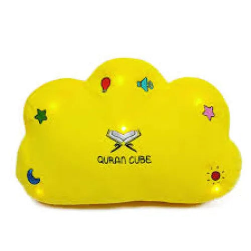 Geel wolkvormige Quran speaker met kleurrijke symbolen en licht voor de Quran cube